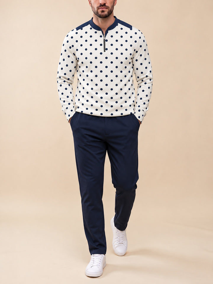 Zipper long sleeve two-piece set, Ivory Polka Dot