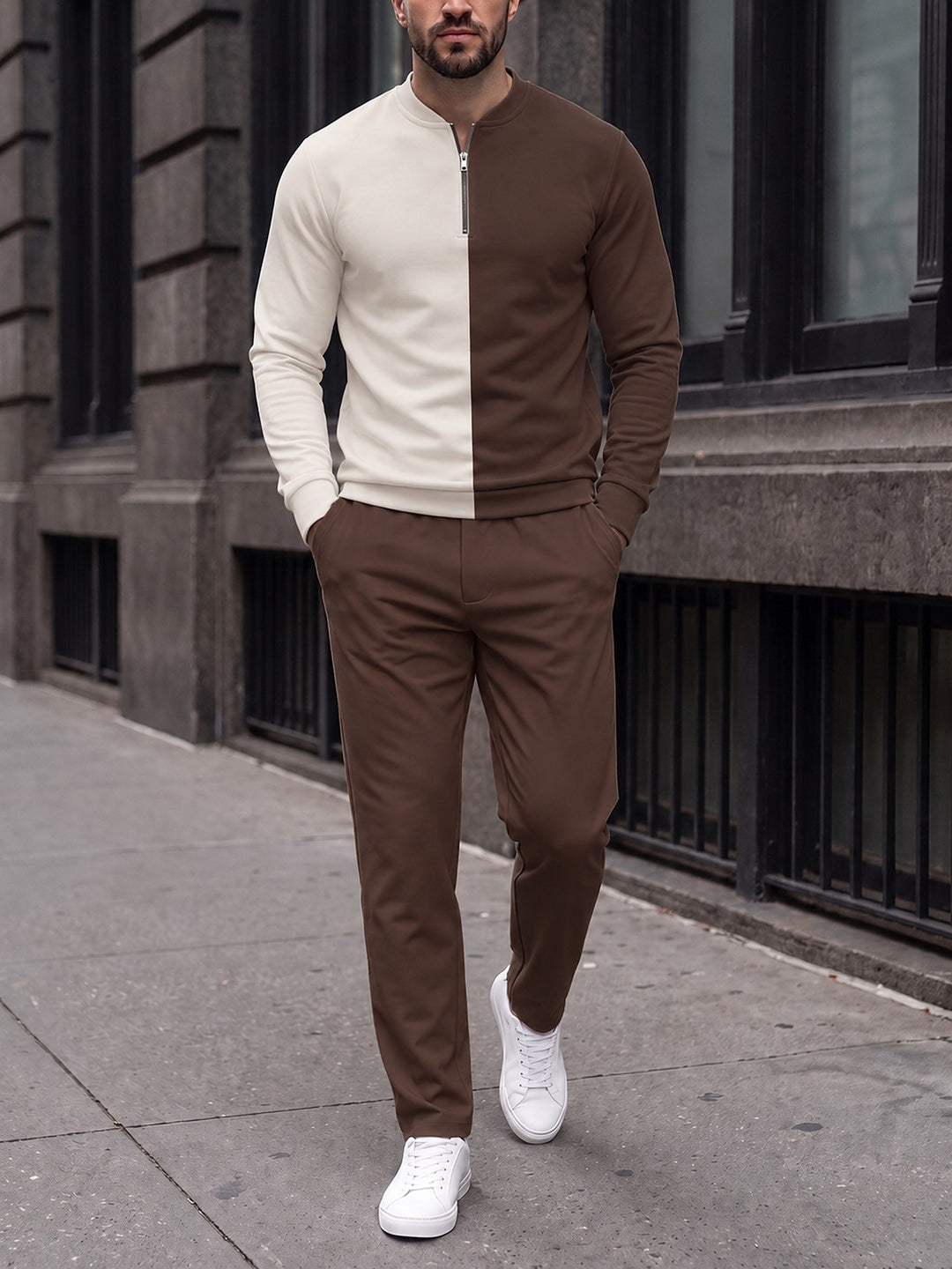 Zipper long sleeve two-piece set, Half & Half