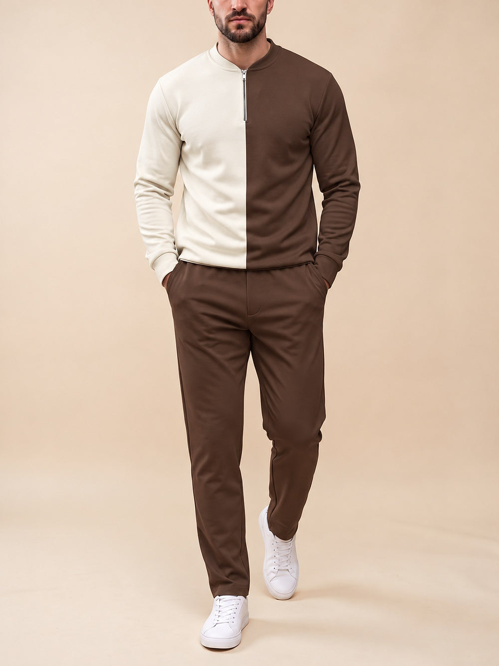 Zipper long sleeve two-piece set, Half & Half