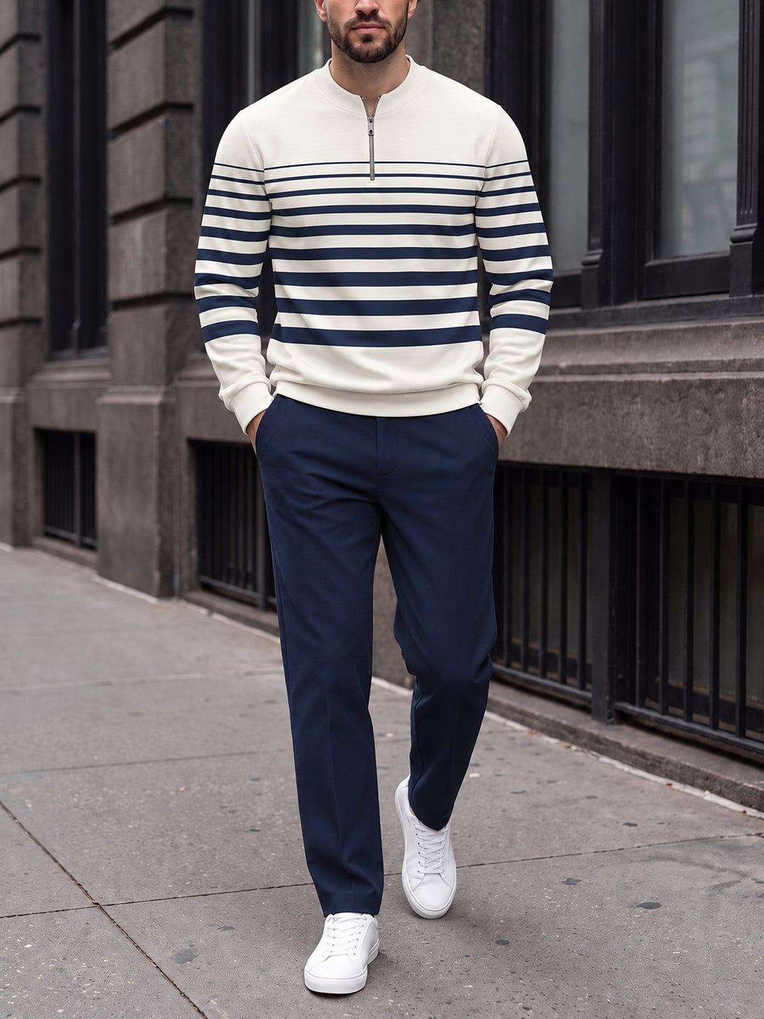 Zipper long sleeve two-piece set, Graduated Stripe