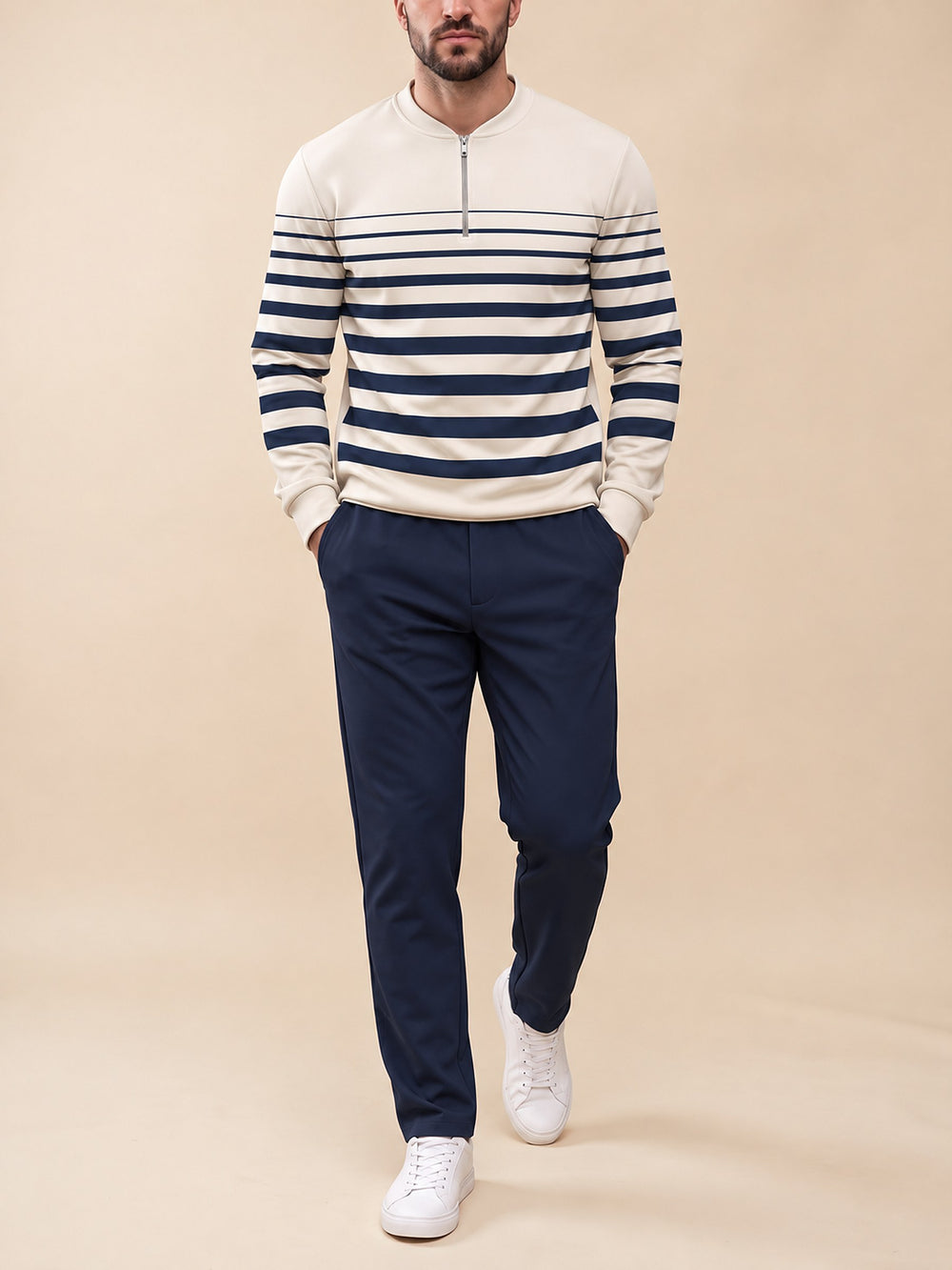 Zipper long sleeve two-piece set, Graduated Stripe
