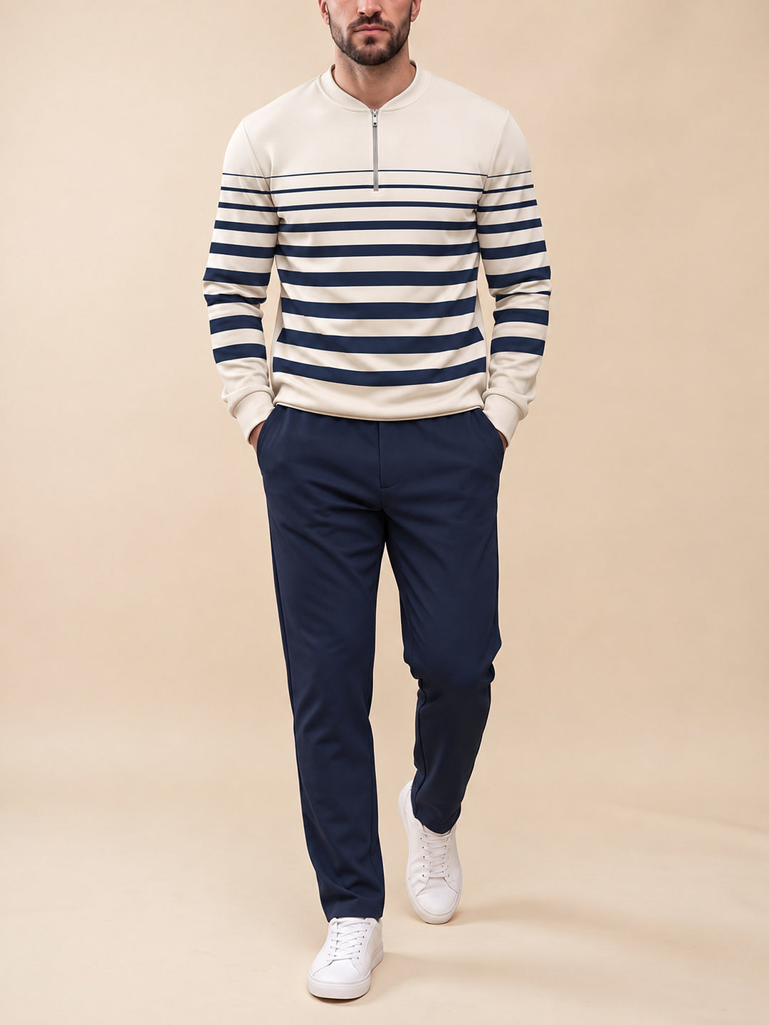 Zipper long sleeve two-piece set, Graduated Stripe