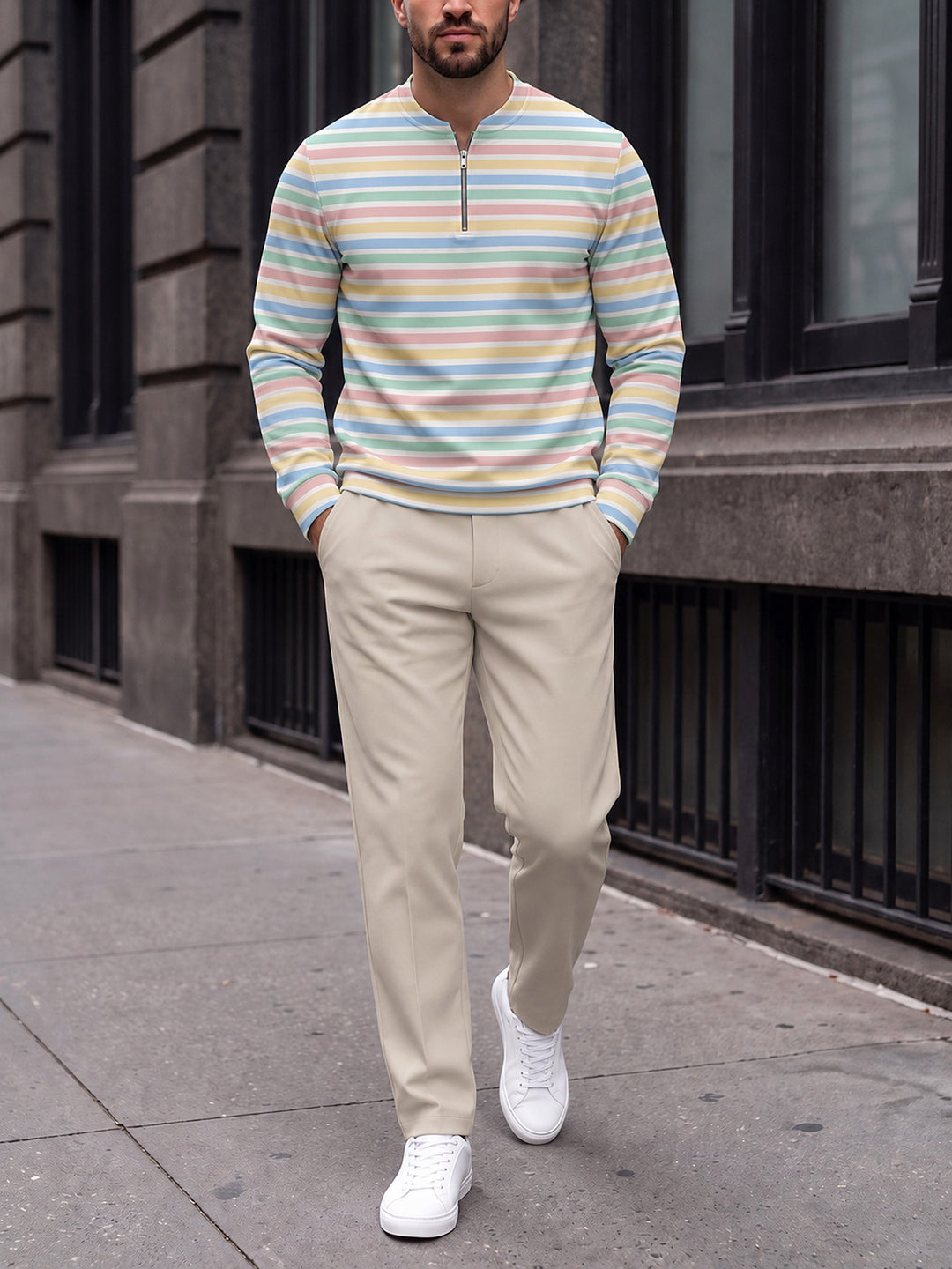 Zipper long sleeve two-piece set, Riviera Stripe