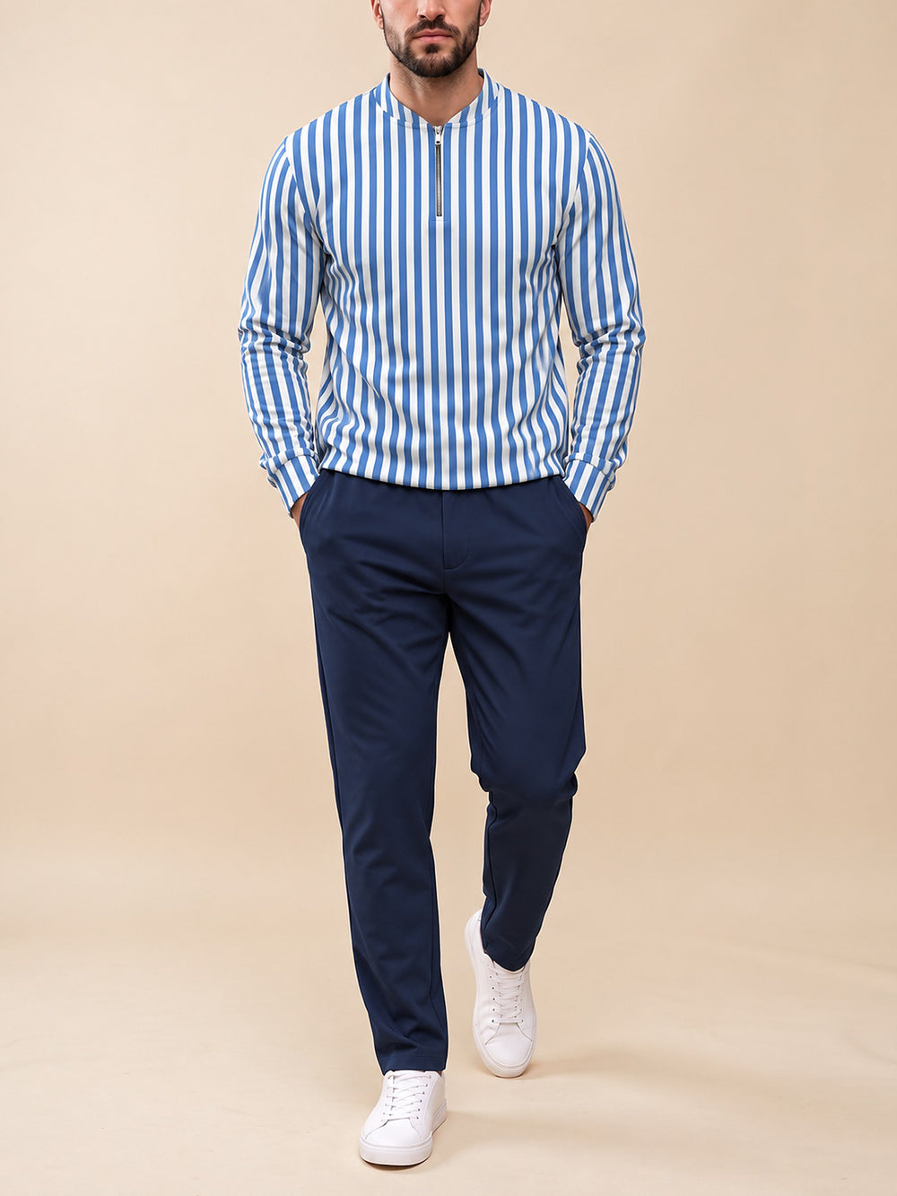 Zipper long sleeve two-piece set, Oxford Bengal Stripe