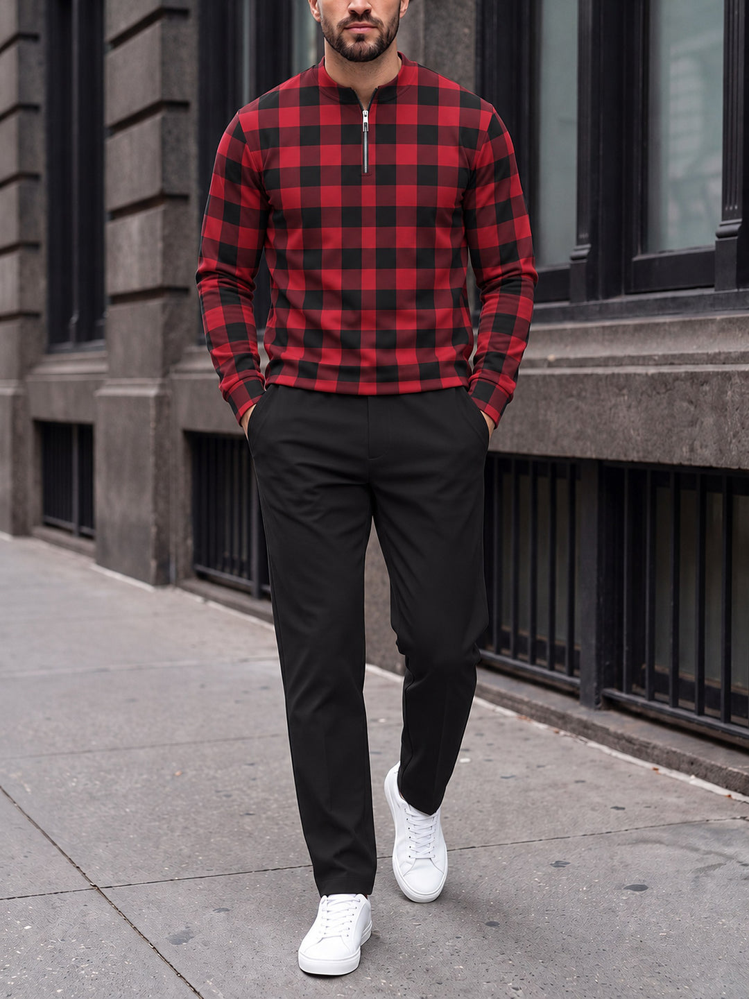 Zipper long sleeve two-piece set, Buffalo Check