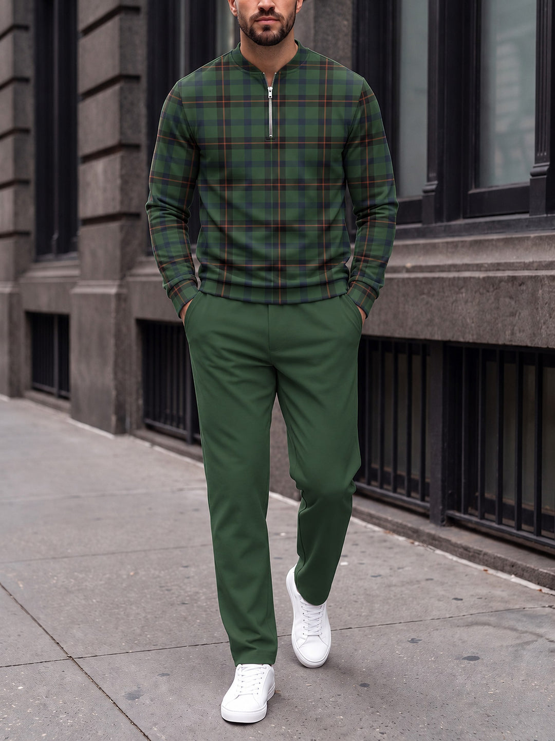 Zipper long sleeve two-piece set, Hunting Plaid
