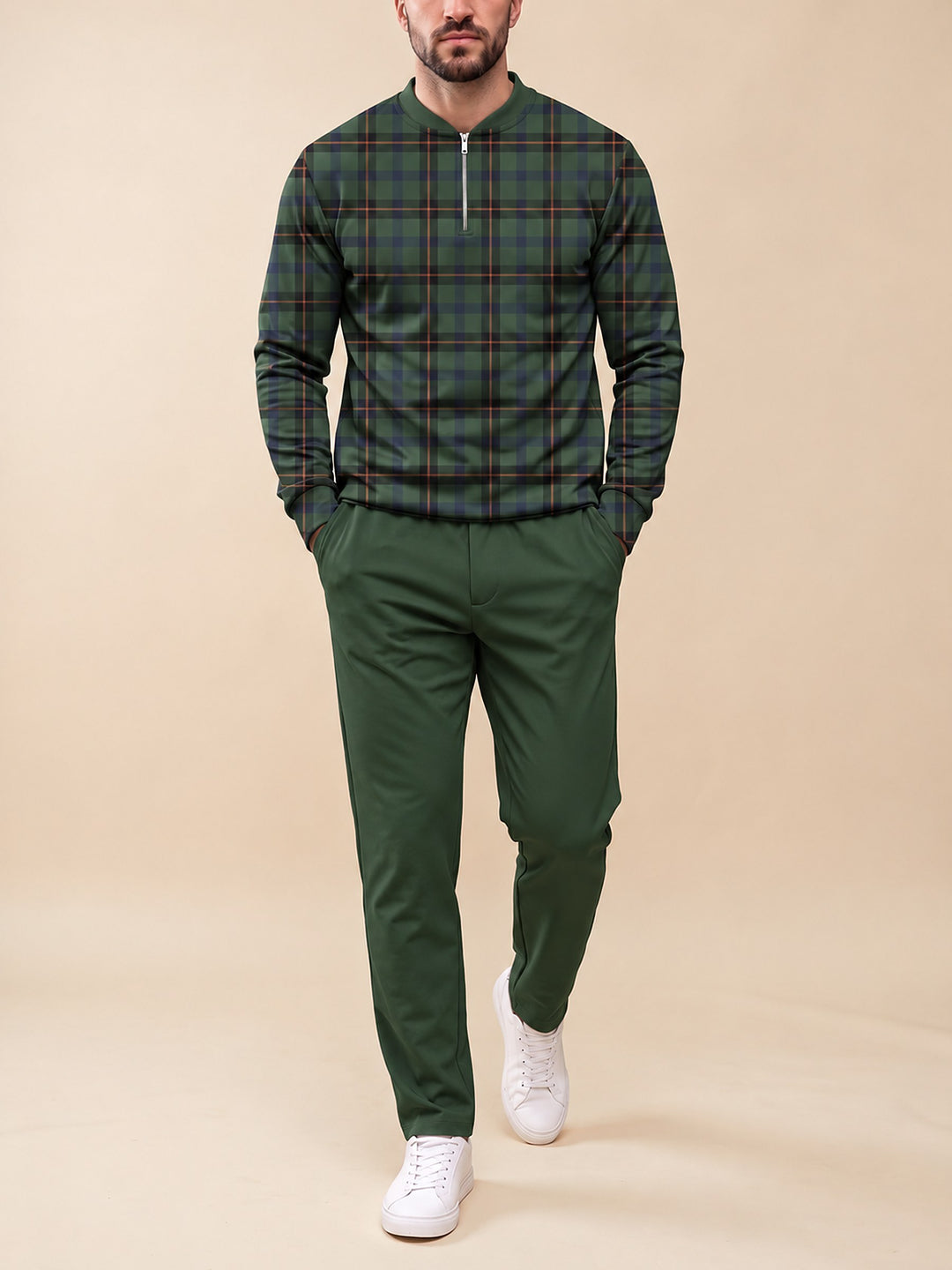 Zipper long sleeve two-piece set, Hunting Plaid