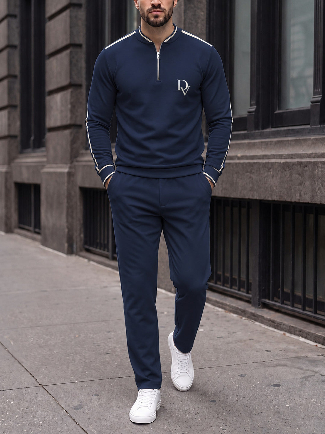 Zipper long sleeve two-piece set, Navy Crest