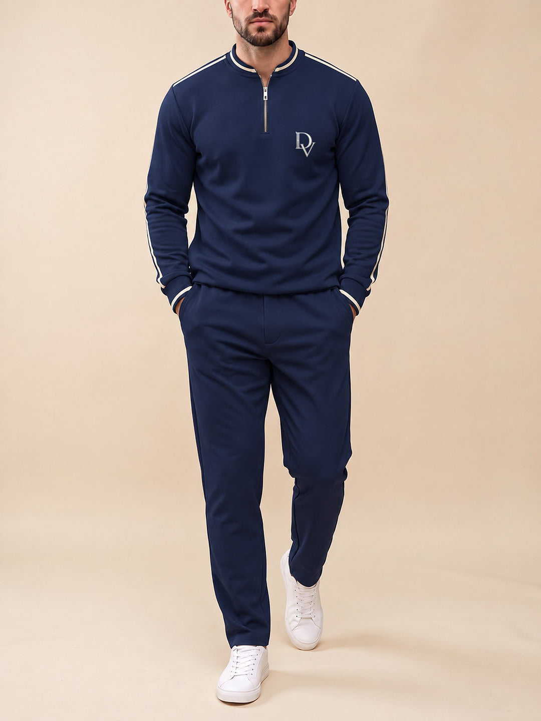 Zipper long sleeve two-piece set, Navy Crest
