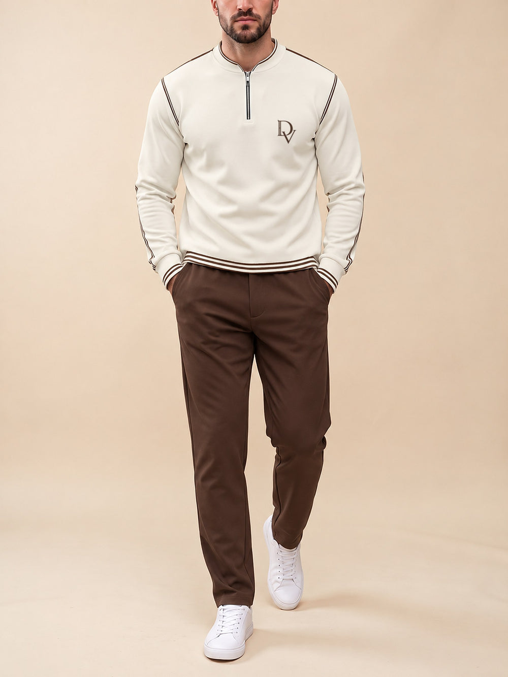 Zipper long sleeve two-piece set, Cream Crest