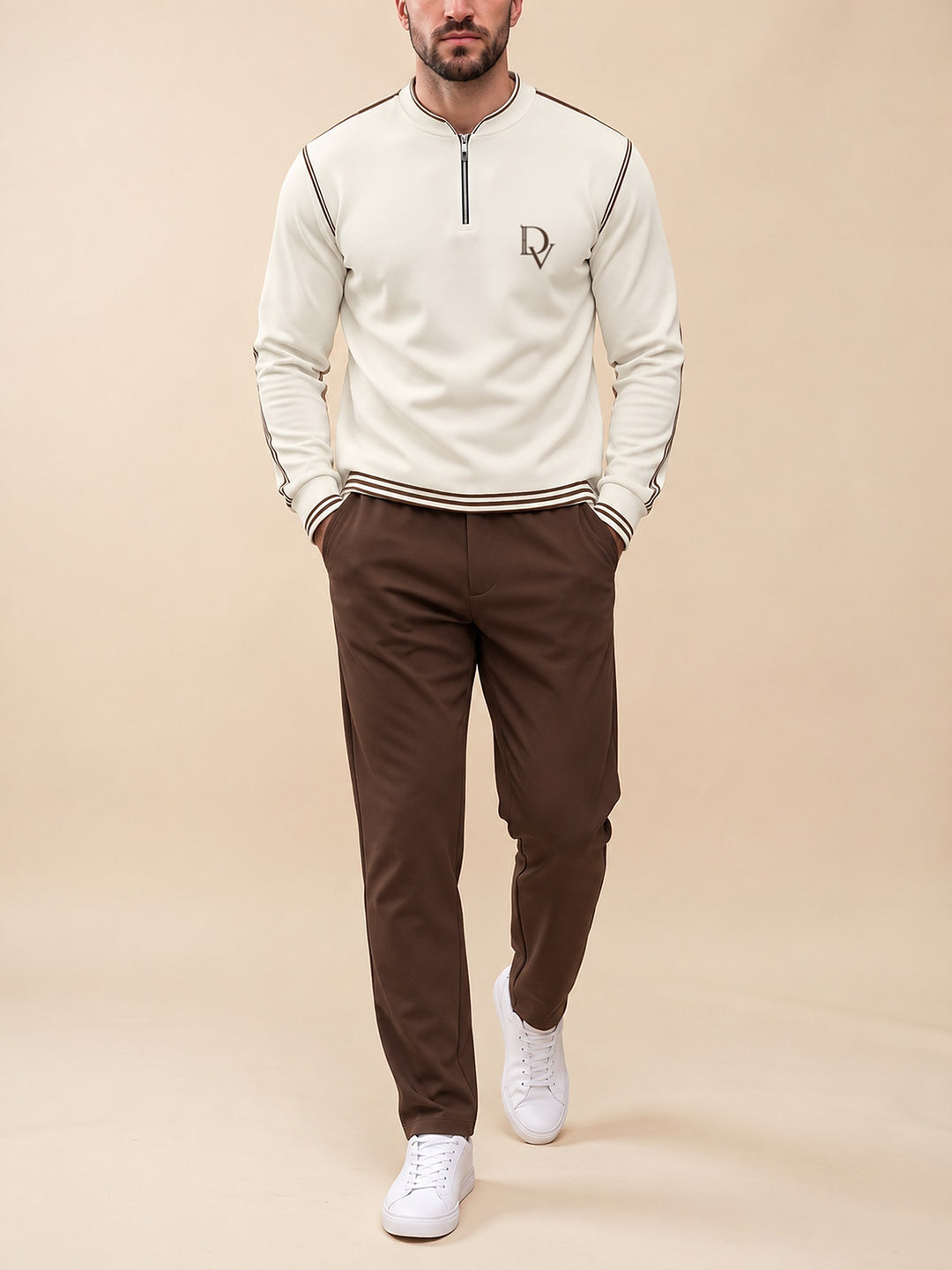 Zipper long sleeve two-piece set, Cream Crest