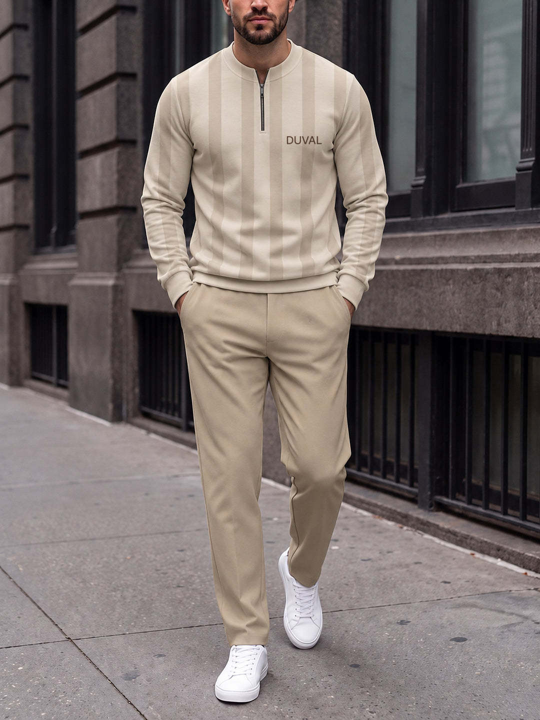 Zipper long sleeve two-piece set, Oatmeal Tonal Stripe