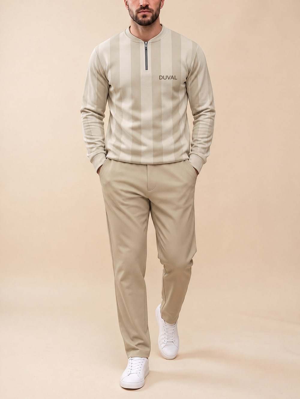 Zipper long sleeve two-piece set, Oatmeal Tonal Stripe