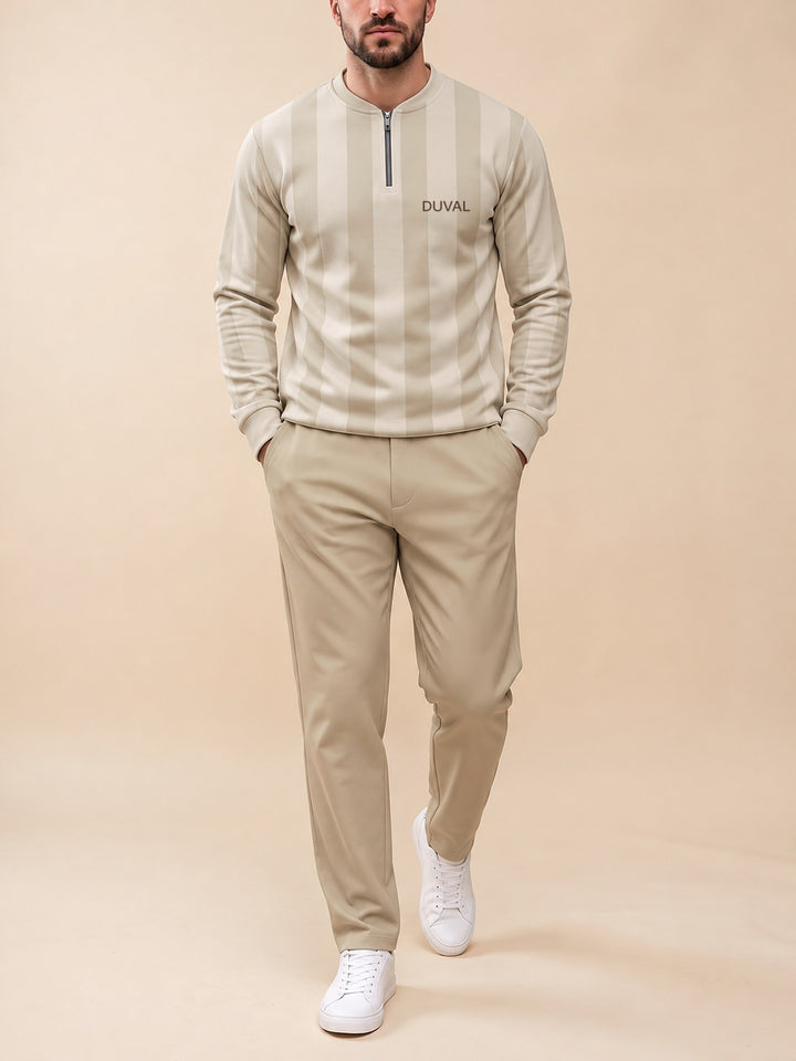 Zipper long sleeve two-piece set, Oatmeal Tonal Stripe
