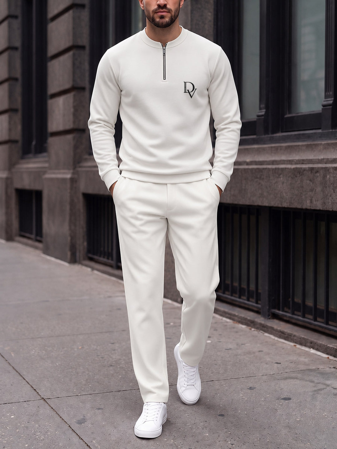 Zipper long sleeve two-piece set, White DV Badge