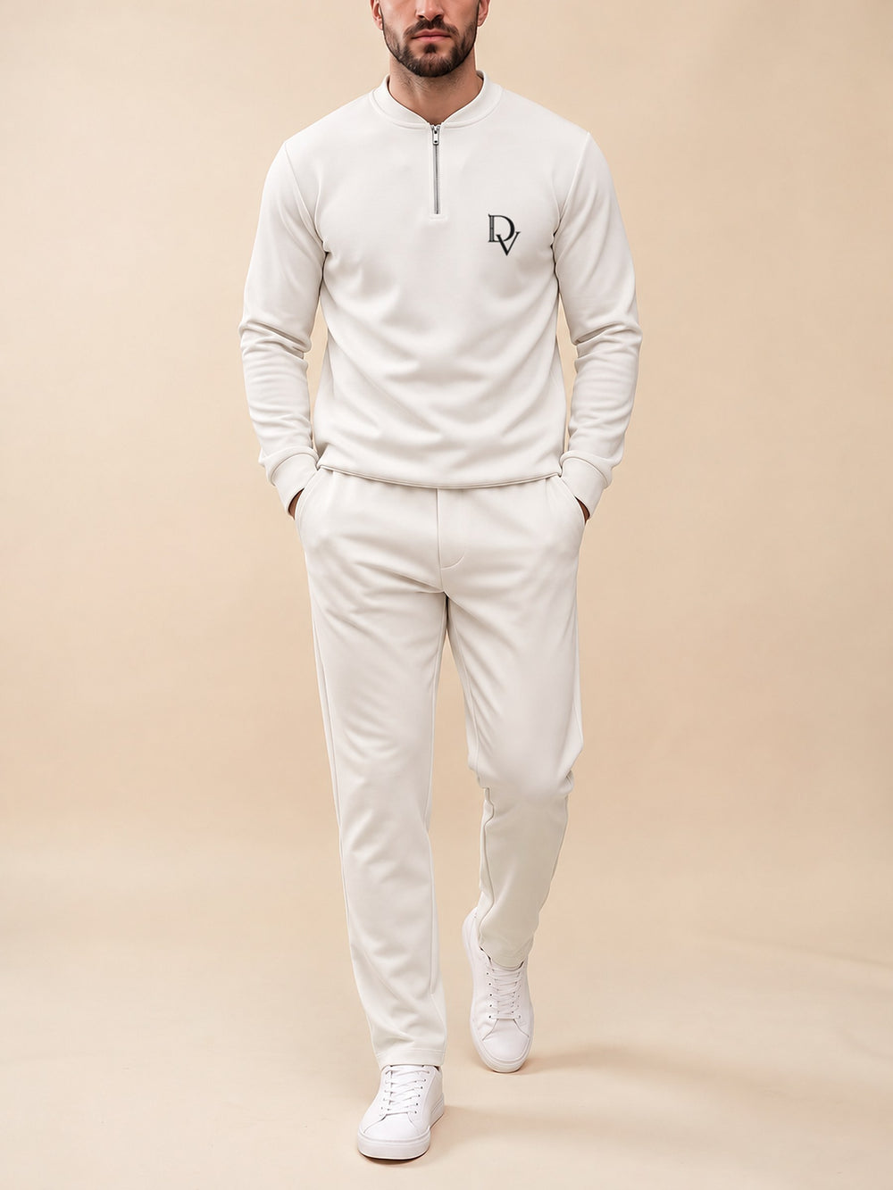 Zipper long sleeve two-piece set, White DV Badge