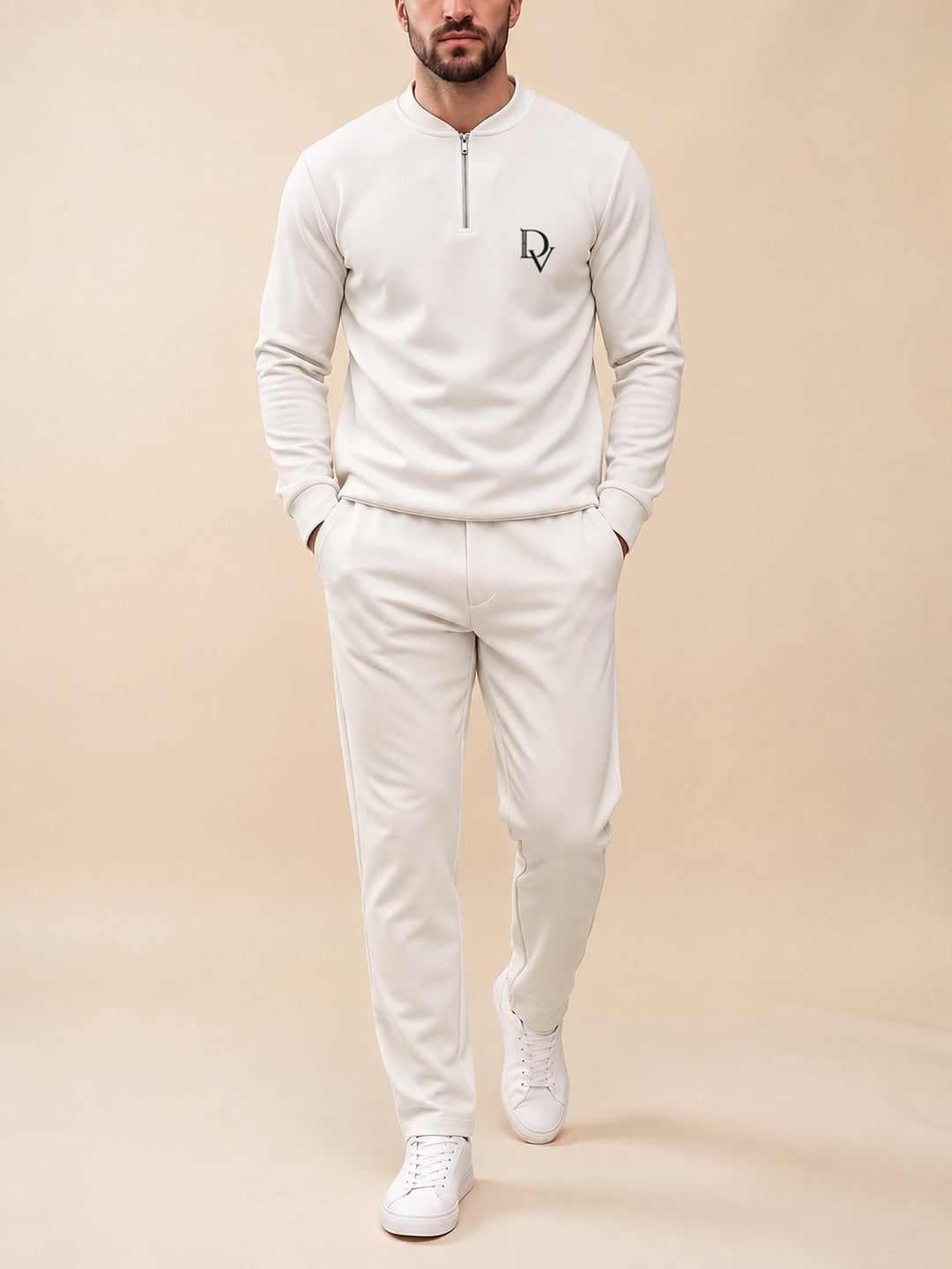 Zipper long sleeve two-piece set, White DV Badge