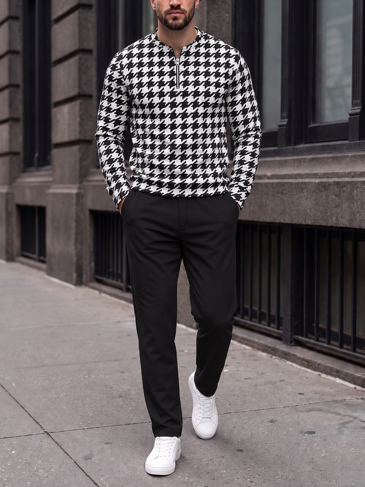 Zipper long sleeve two-piece set, Noir Houndstooth