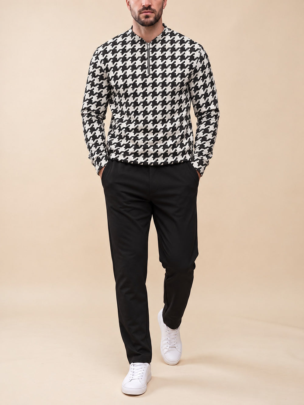 Zipper long sleeve two-piece set, Noir Houndstooth
