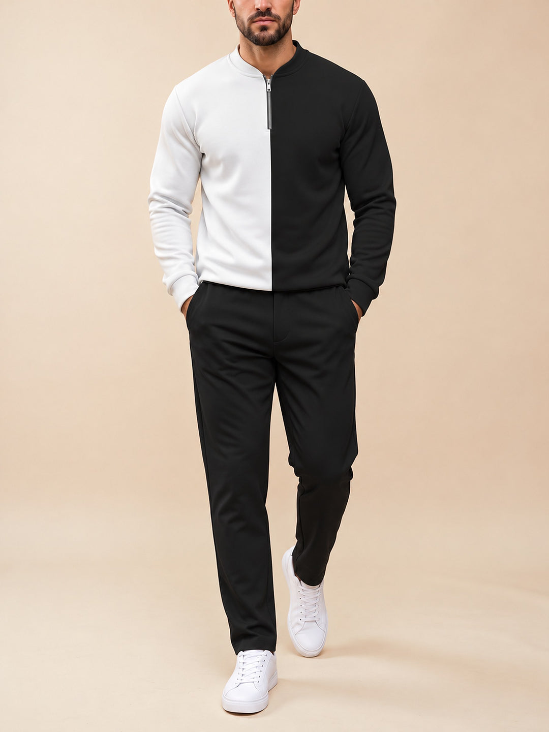Zipper long sleeve two-piece set, Noir Split