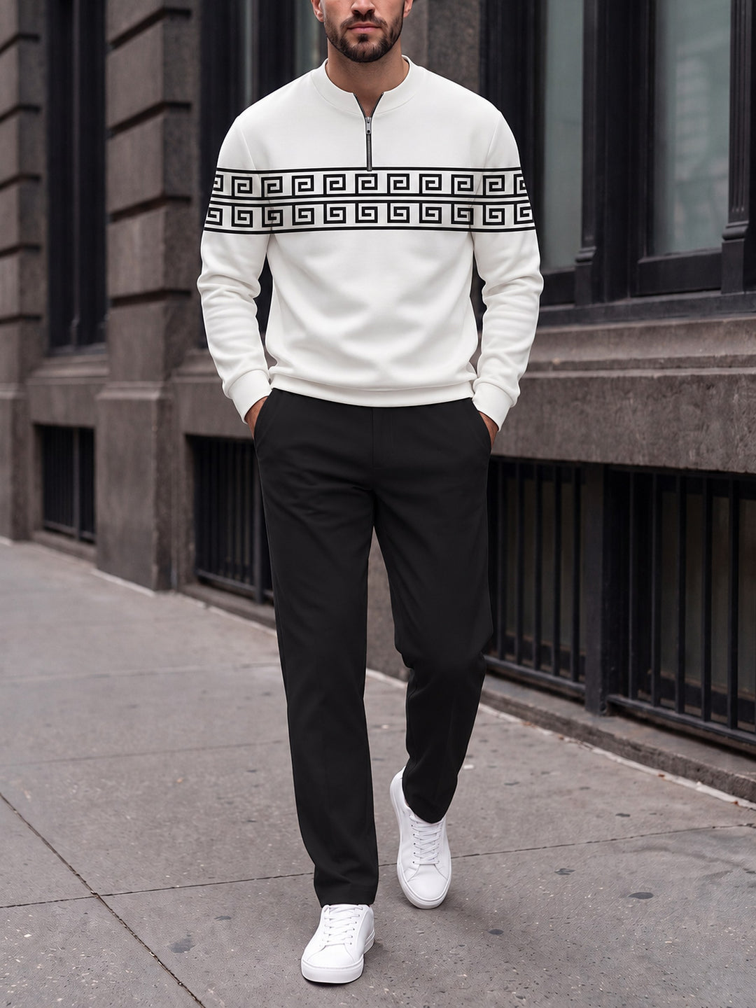 Zipper long sleeve two-piece set, White Greek Key