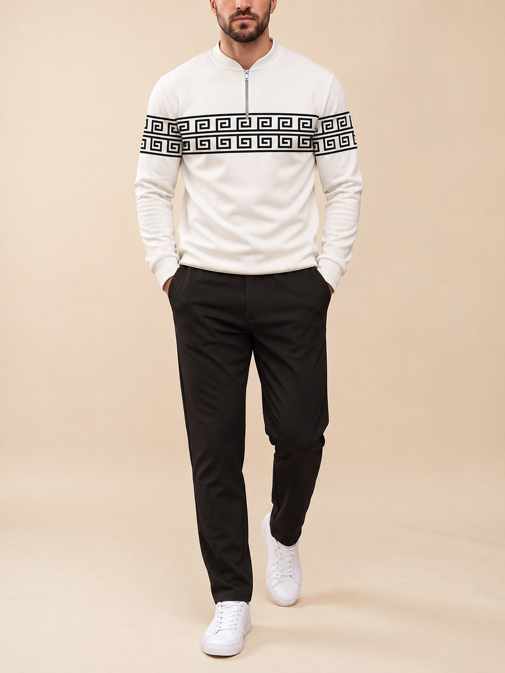 Zipper long sleeve two-piece set, White Greek Key