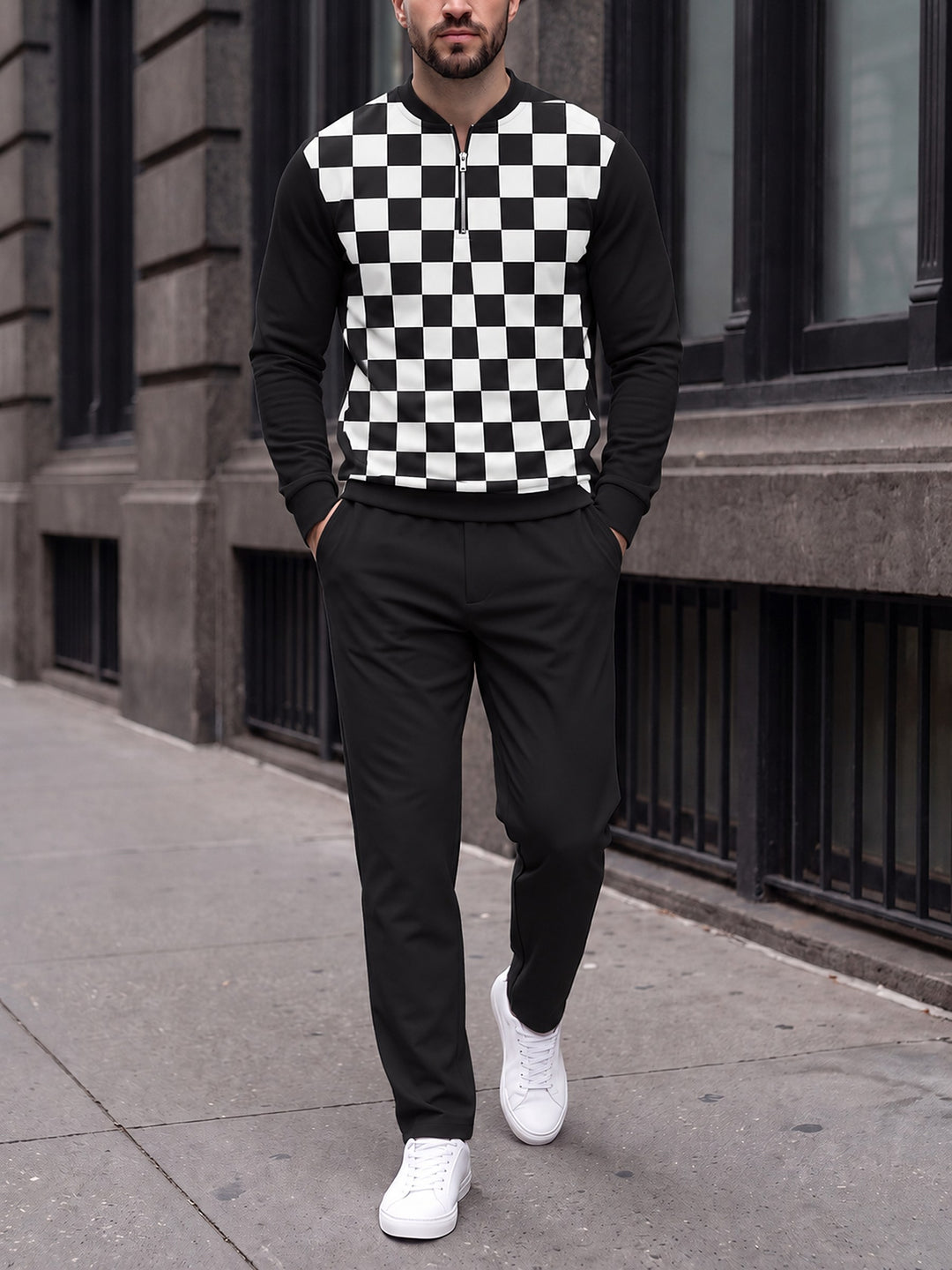 Zipper long sleeve two-piece set, Noir Damier