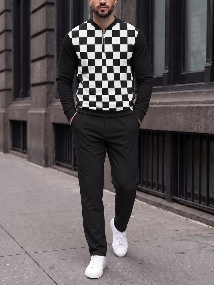 Zipper long sleeve two-piece set, Noir Damier