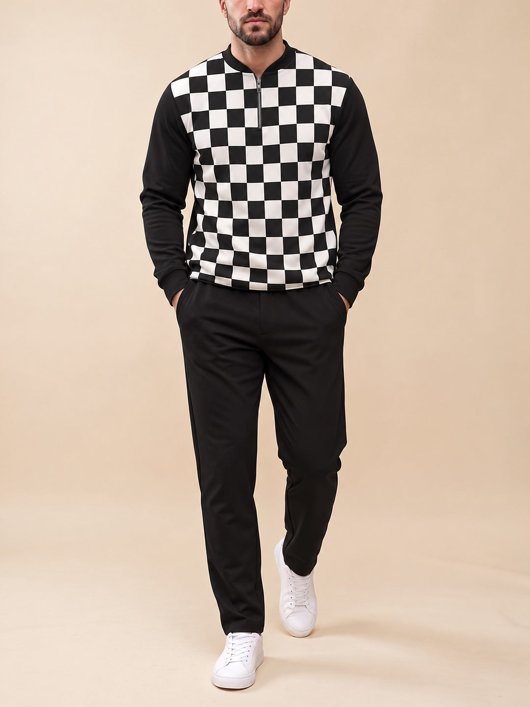 Zipper long sleeve two-piece set, Noir Damier