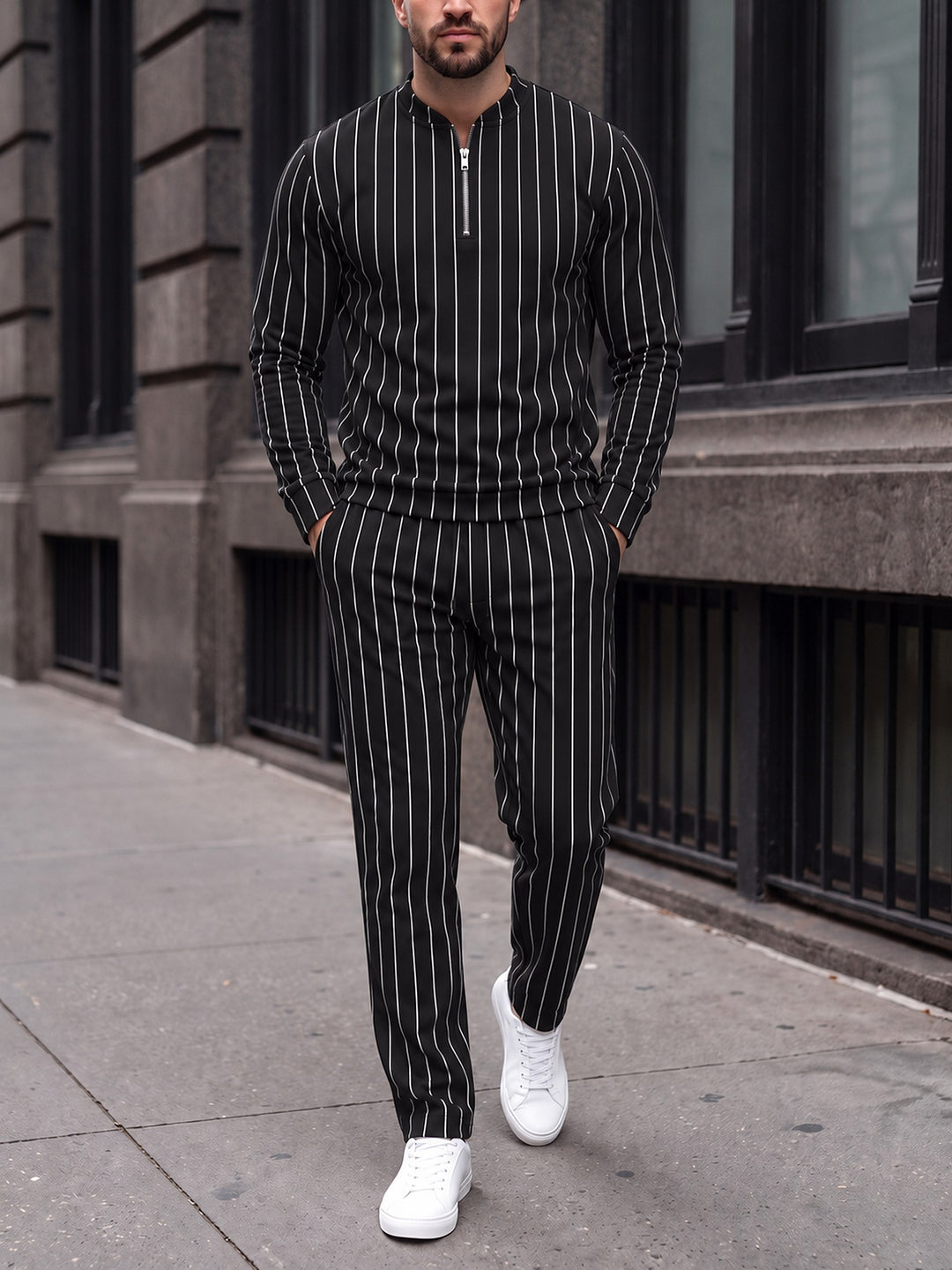 Zipper long sleeve two-piece set, Noir Pinstripe