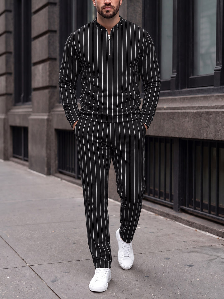Zipper long sleeve two-piece set, Noir Pinstripe