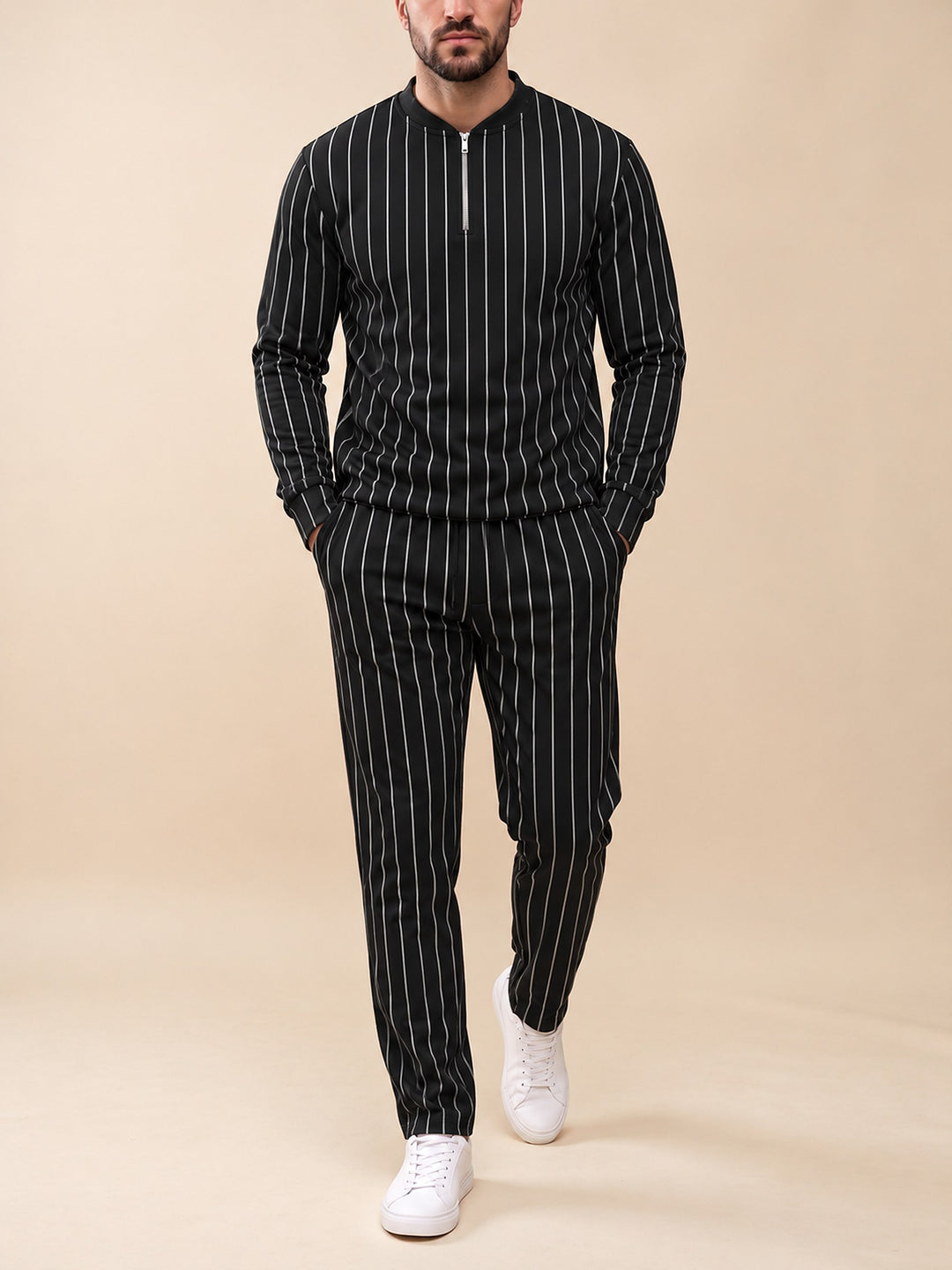 Zipper long sleeve two-piece set, Noir Pinstripe