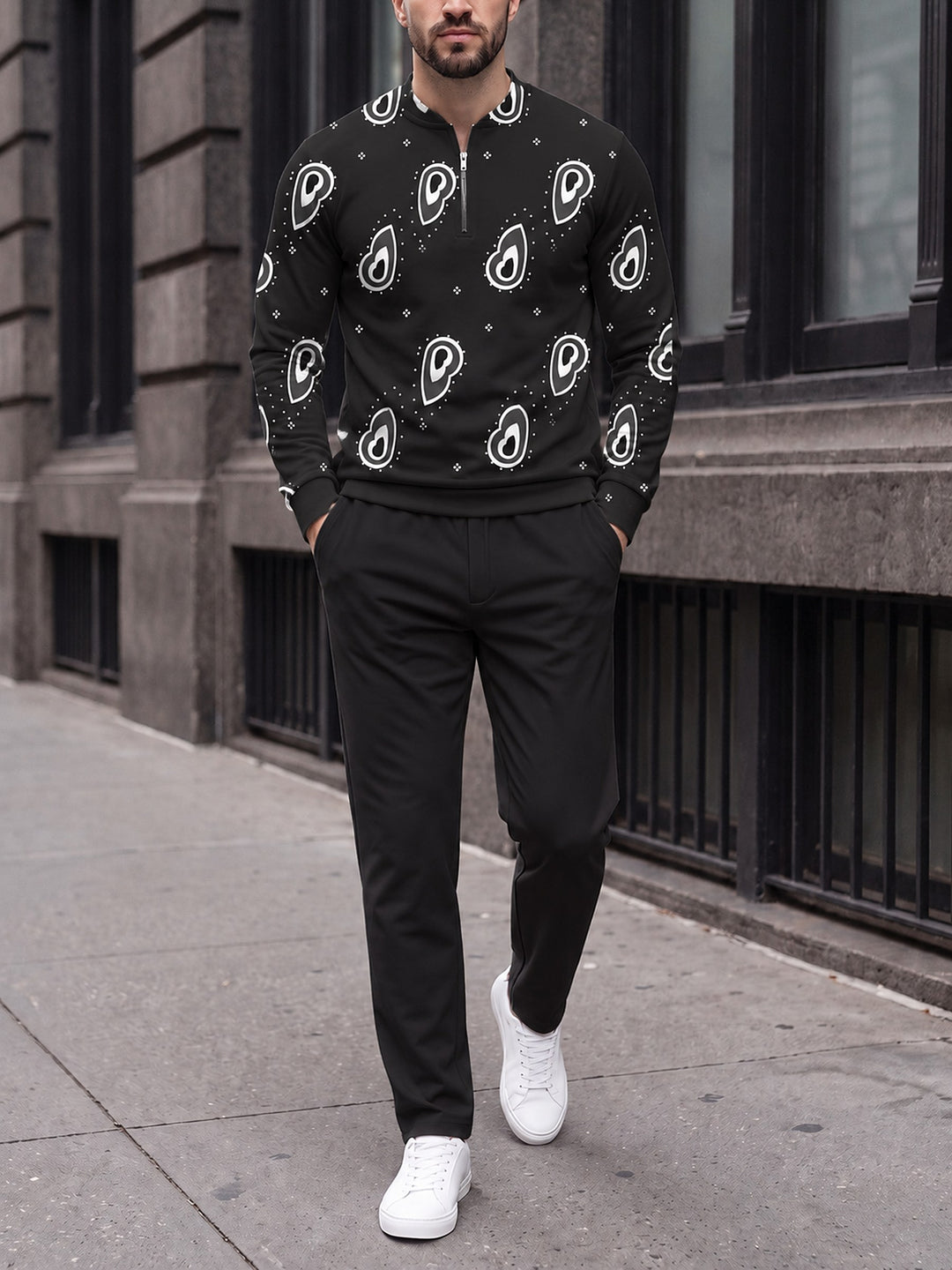 Zipper long sleeve two-piece set, Noir Paisley