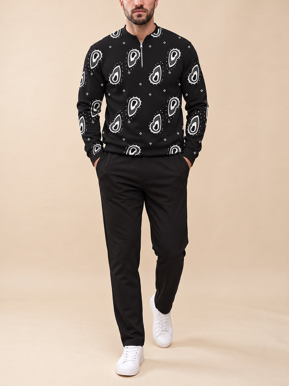 Zipper long sleeve two-piece set, Noir Paisley
