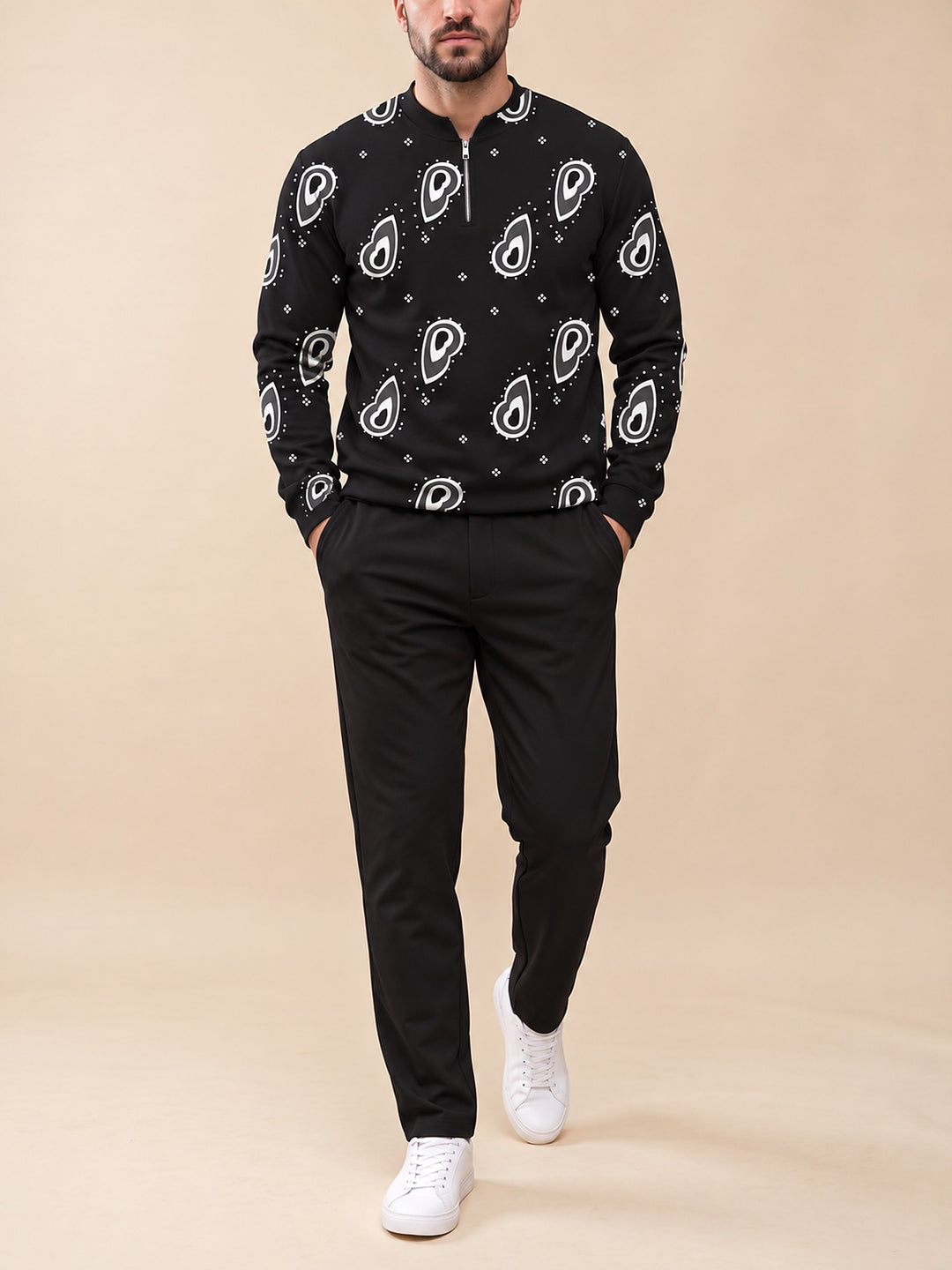 Zipper long sleeve two-piece set, Noir Paisley