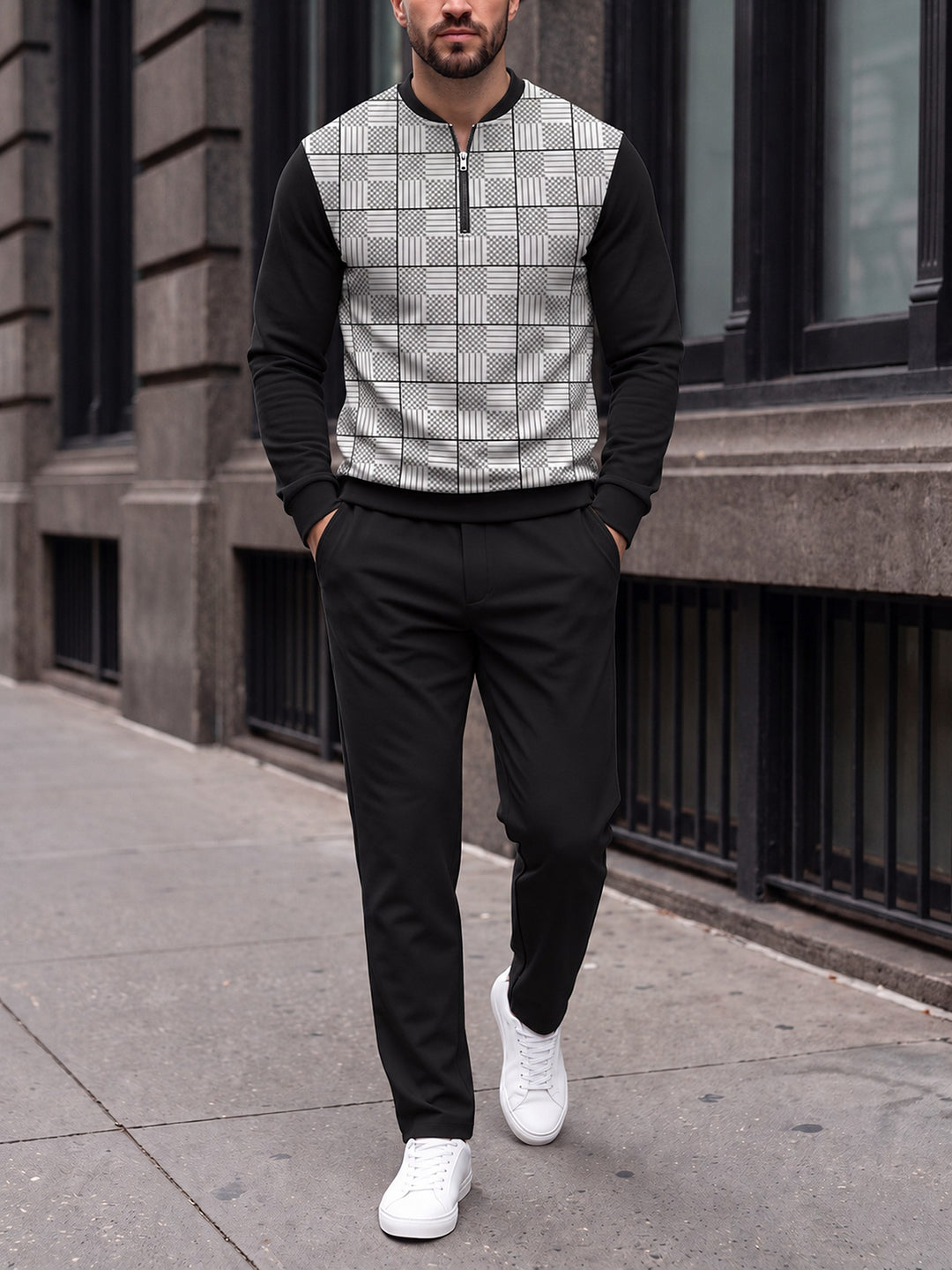 Zipper long sleeve two-piece set, Noir Glen Check