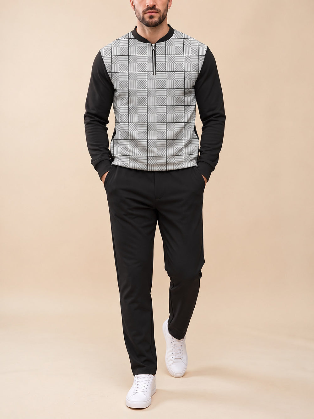 Zipper long sleeve two-piece set, Noir Glen Check