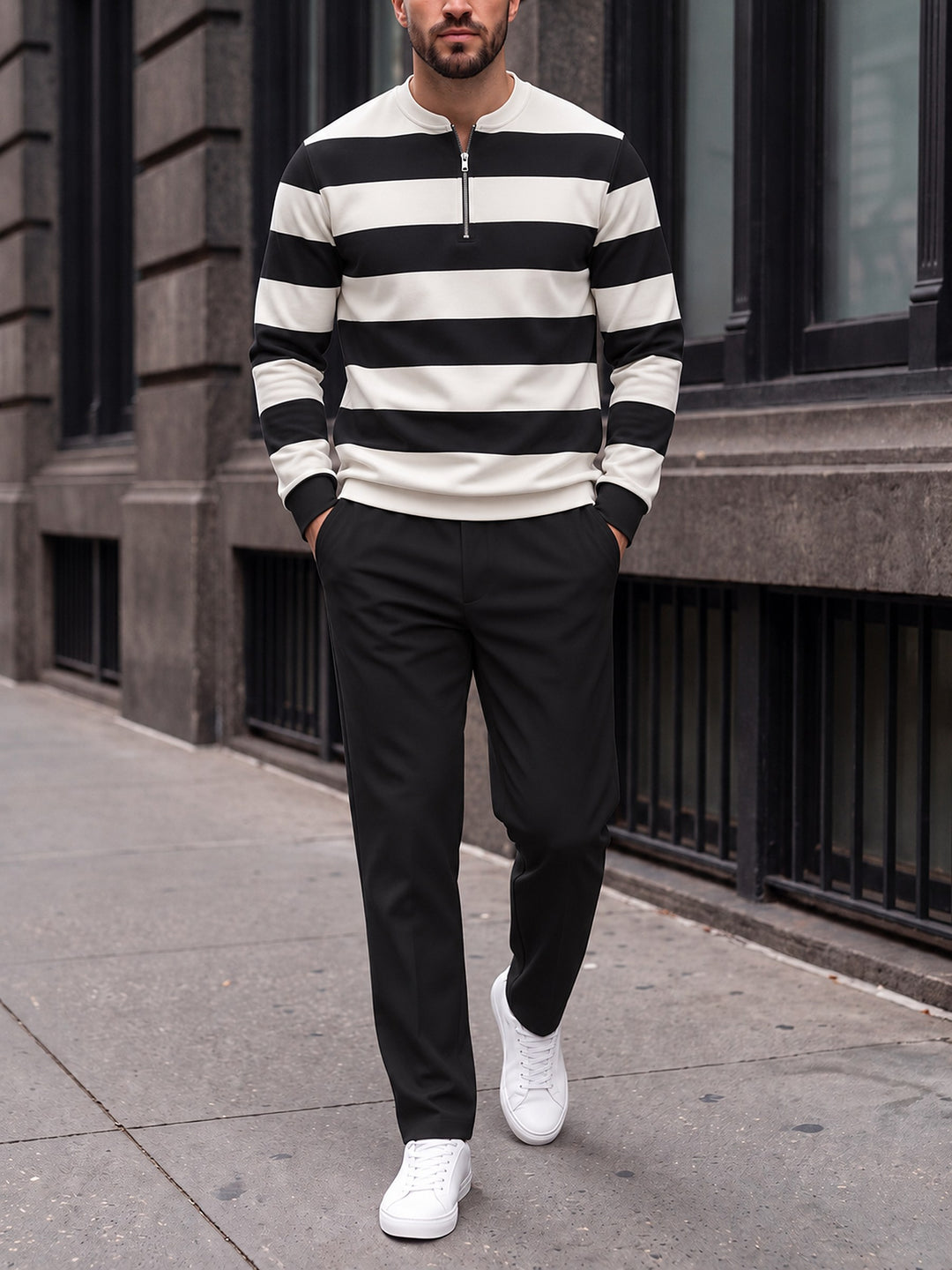 Zipper long sleeve two-piece set, Monochrome Hoops