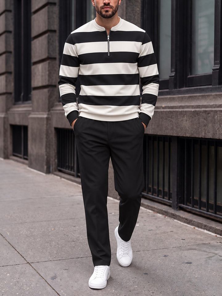 Zipper long sleeve two-piece set, Monochrome Hoops