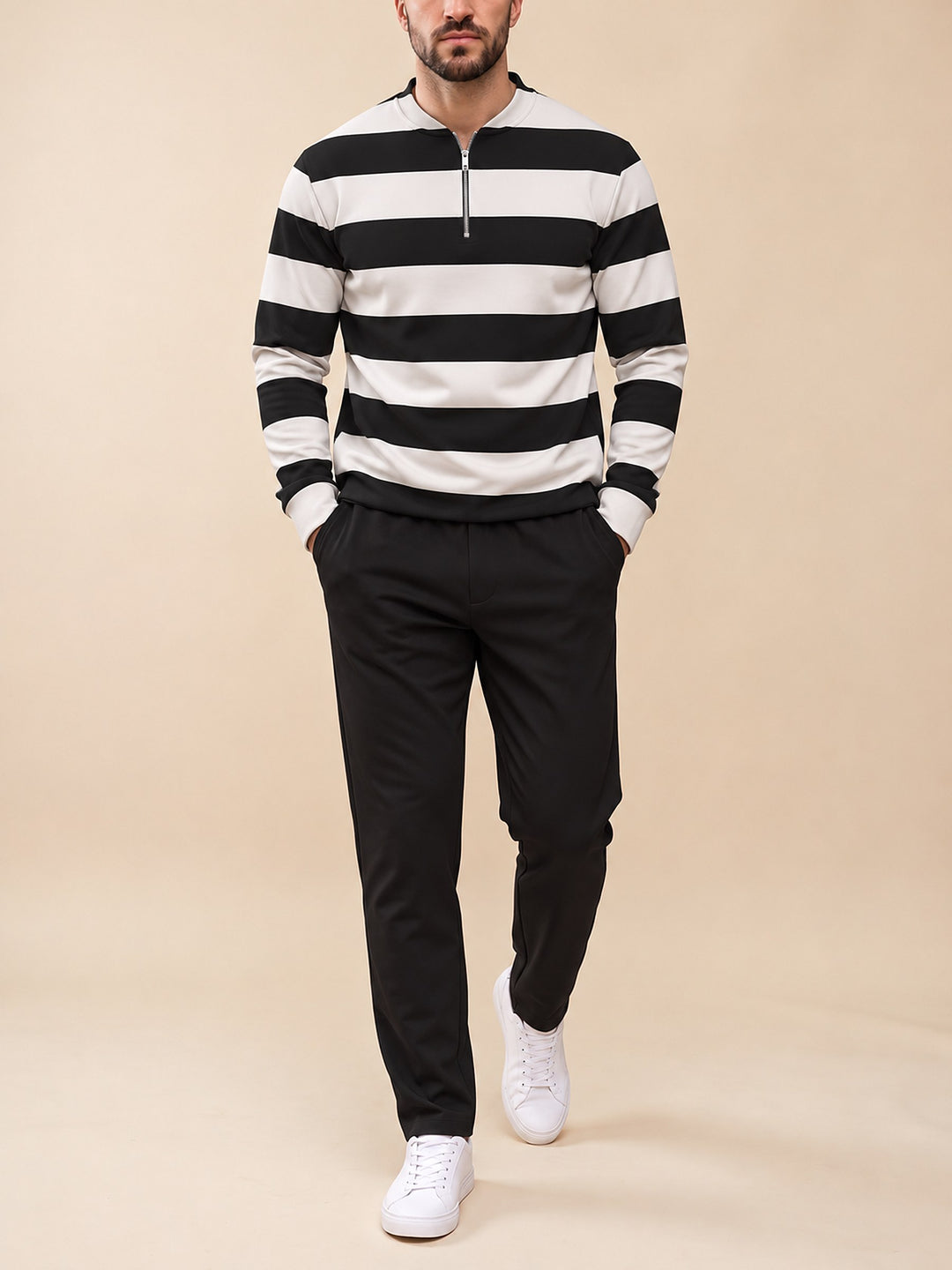 Zipper long sleeve two-piece set, Monochrome Hoops