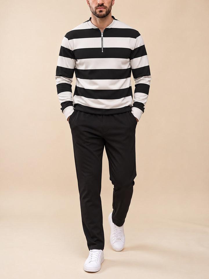 Zipper long sleeve two-piece set, Monochrome Hoops