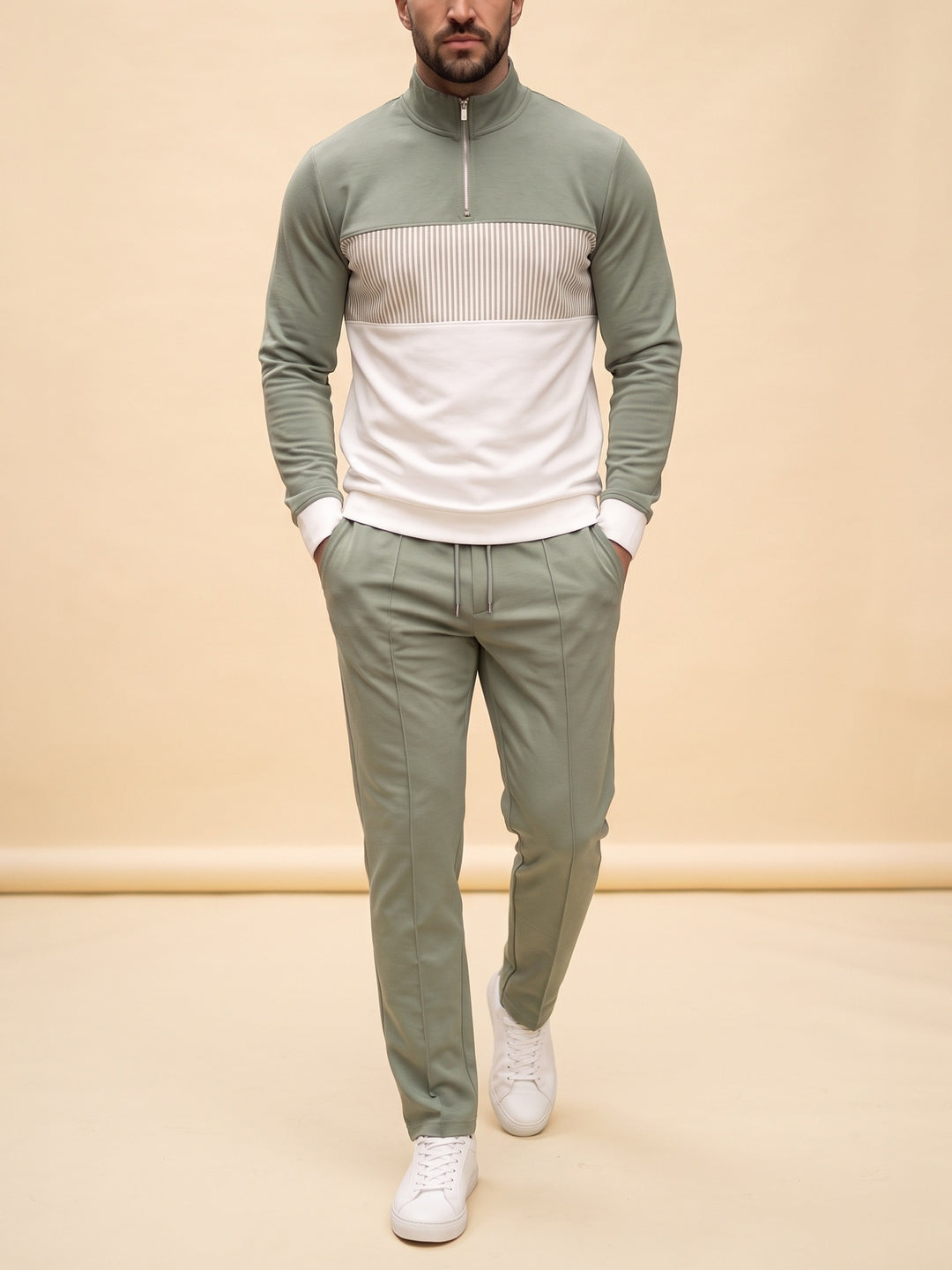 Sage Stripe quarter zip set, cream studio