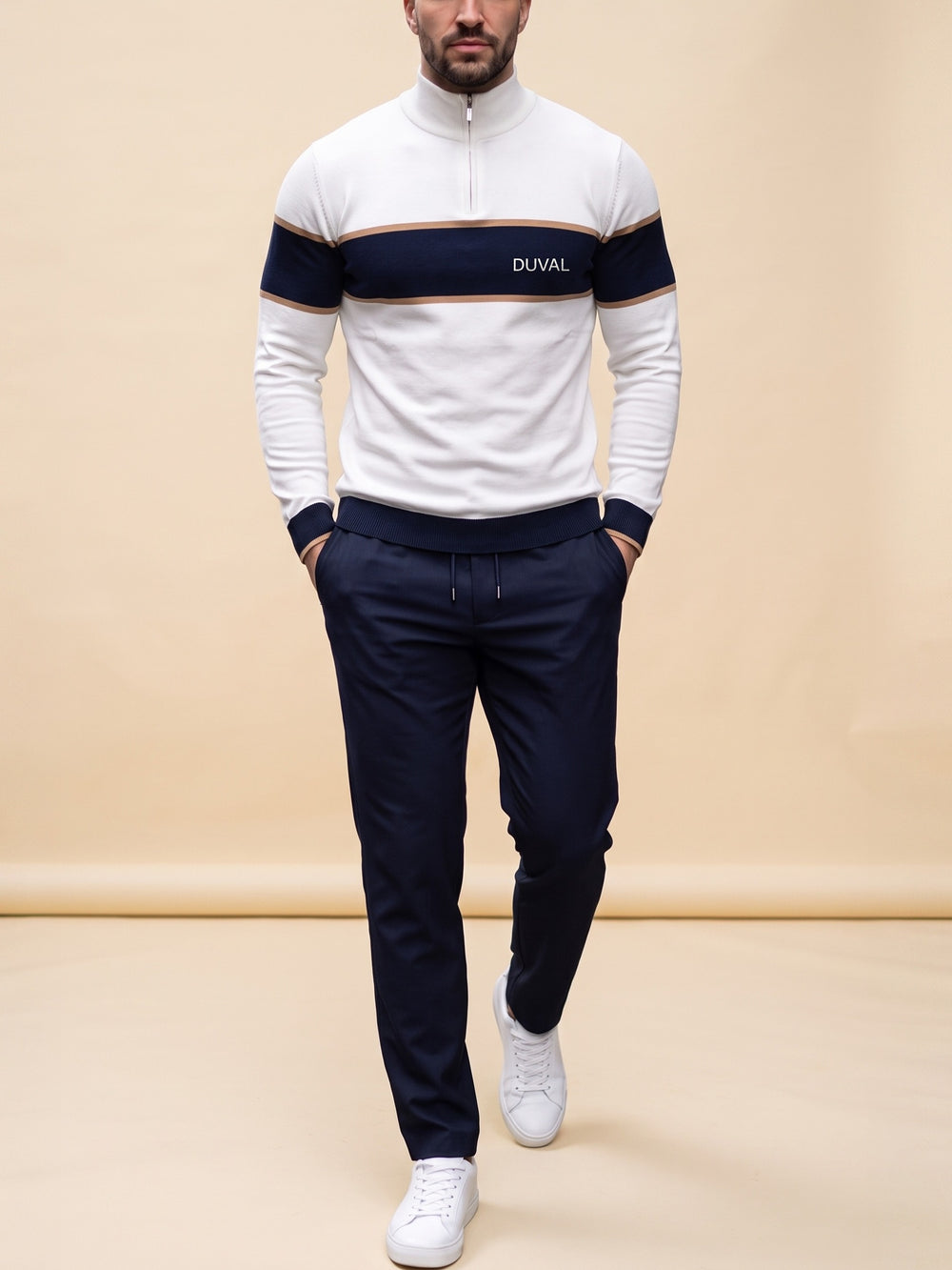 Navy Band quarter zip set, cream studio