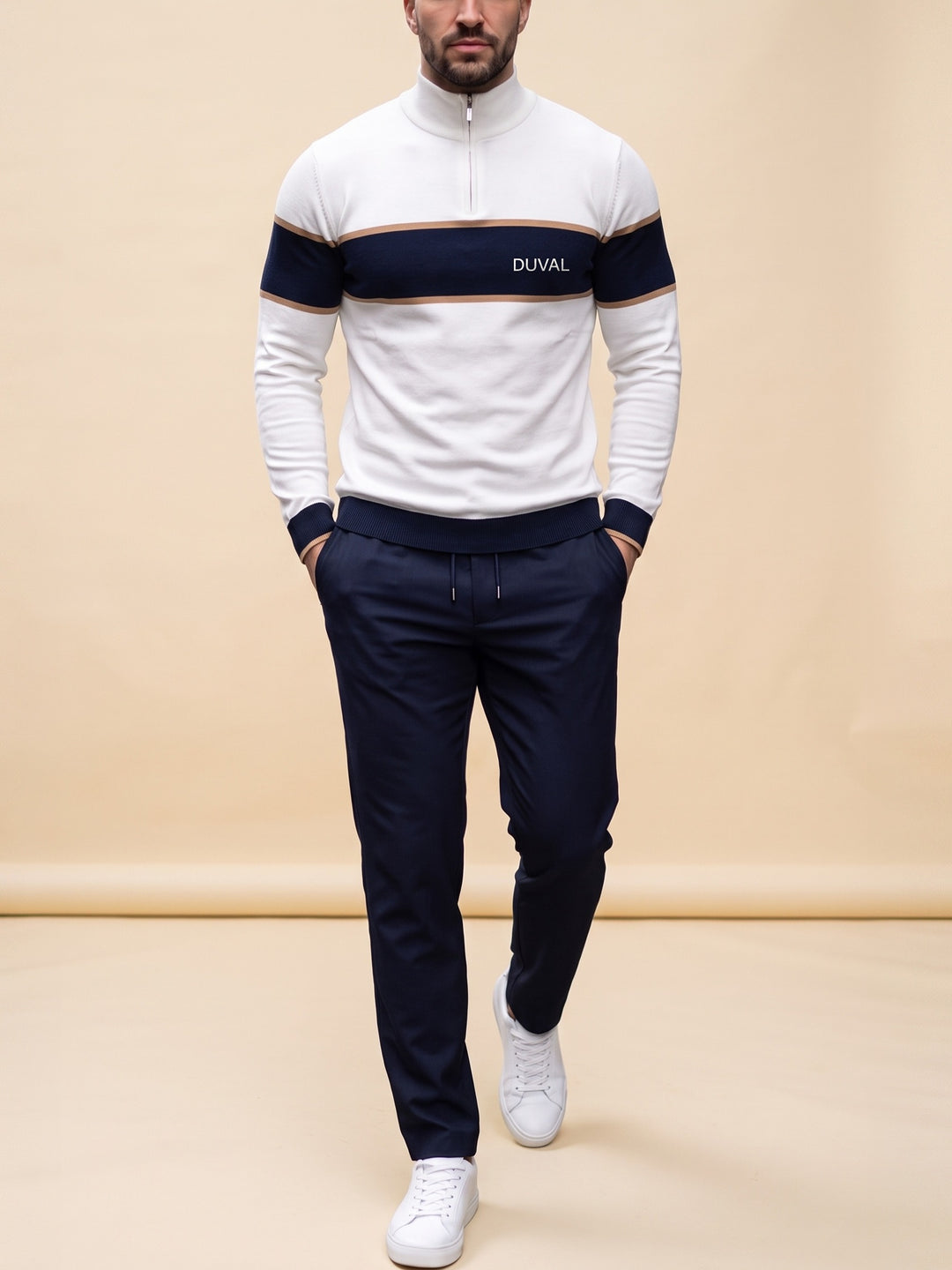 Navy Band quarter zip set, cream studio