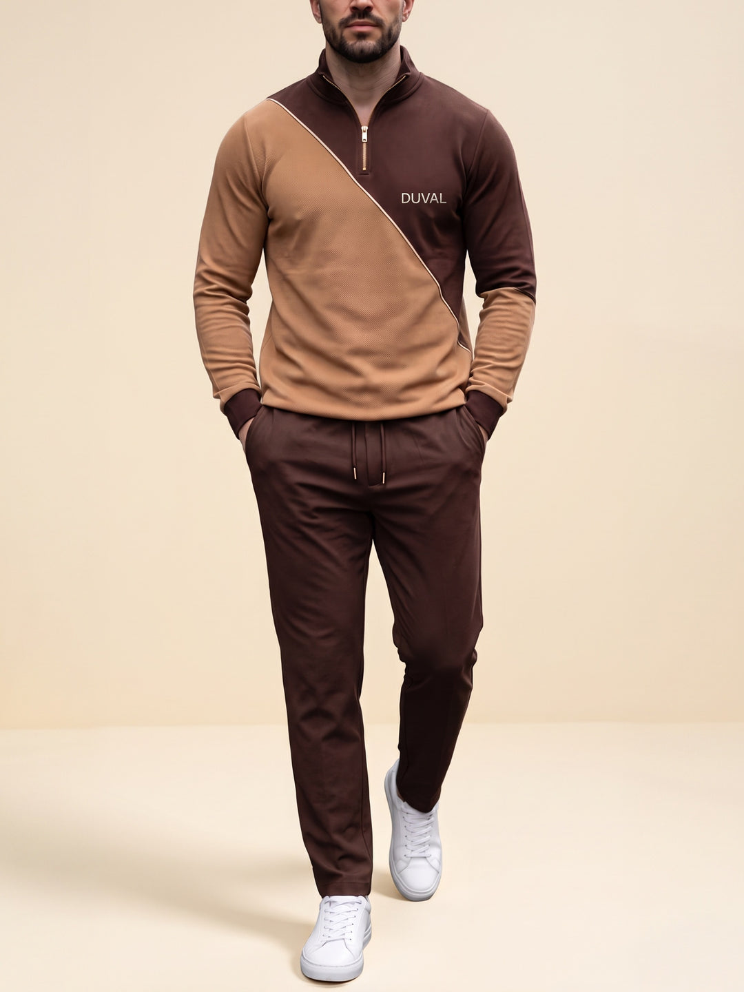 Chocolate Split quarter zip set, cream studio