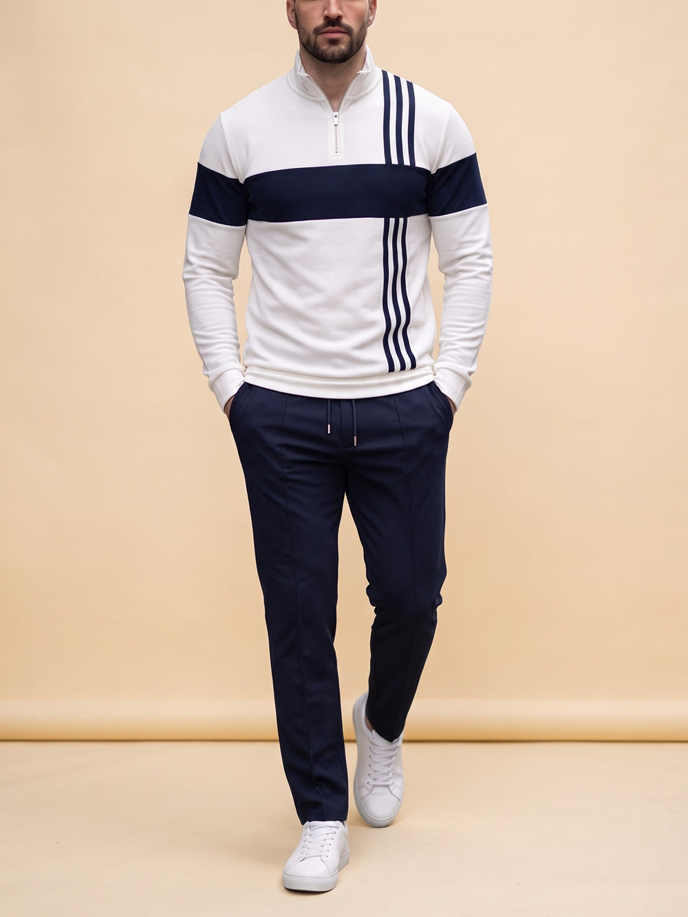Cross Stripe quarter zip set, cream studio