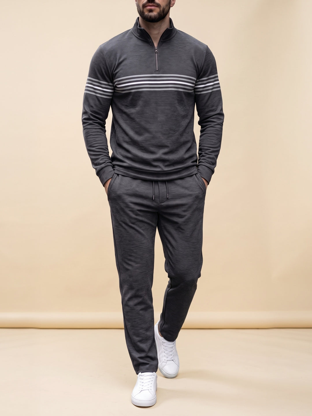 Charcoal Tri-Band quarter zip set, cream studio