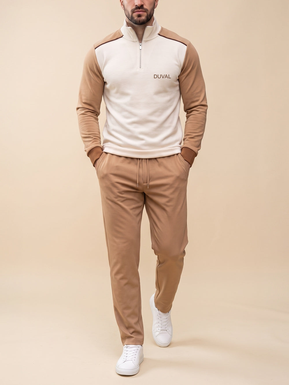 Camel Yoke quarter zip set, cream studio