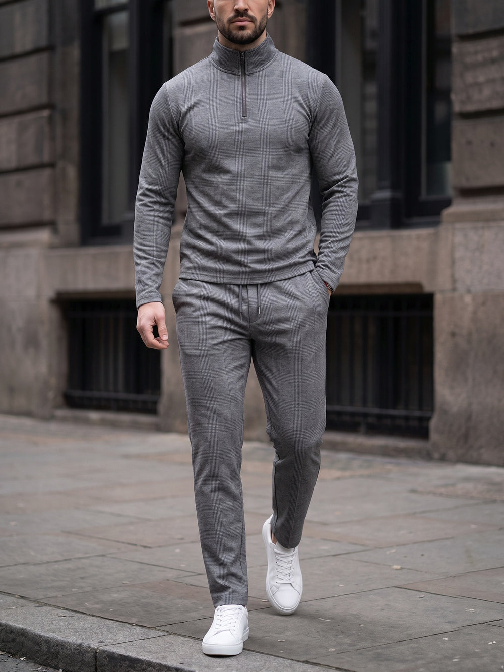 Grey Windowpane quarter zip set, street