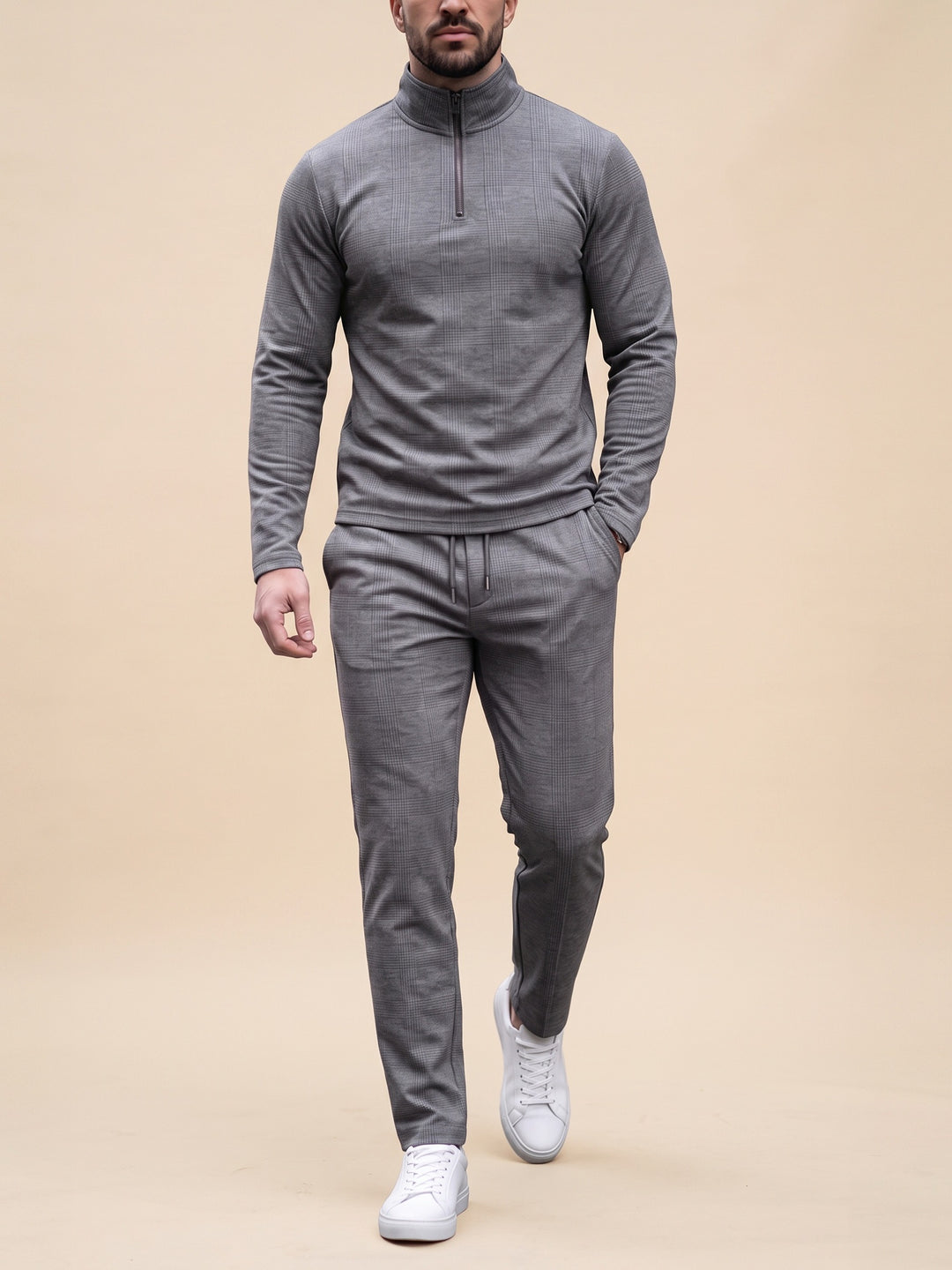 Grey Windowpane quarter zip set, cream studio